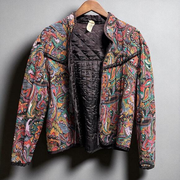 Miss‎ H Women's Vintage Floral Paisley Quilted Jacket Large Black Green - Picture 7 of 12